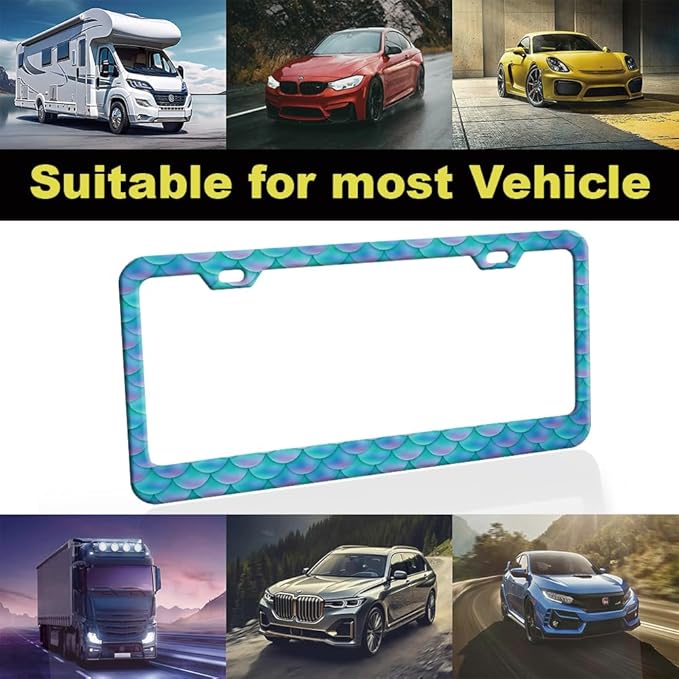 2pcs Blue Fish Scale patternt License Plate Frame for Women, Mermaid Fish Scale car Decorative tag Frames Girly, Blue Scales License Plate Cover Holder for Vehicle with Double Sided car Keychain tag