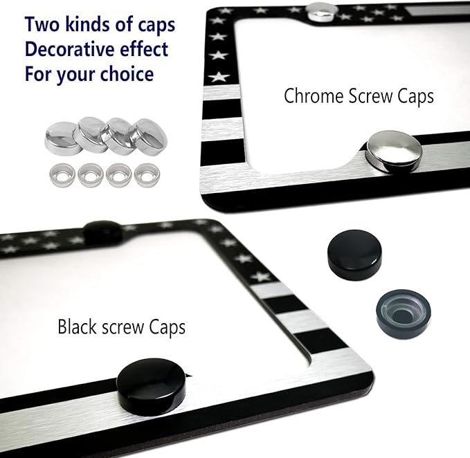 AOOTF American Flag License Plate Frame - USA Aluminum Metal License Plate Cover Auto Car Truck Tag Holder Thin Blue Line Black and White Stripes with Screws,Anti-Rattle Foam Pad
