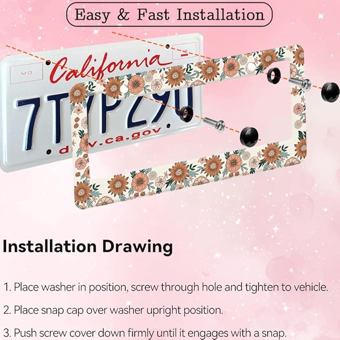 2pcs Vintage Sunflowers Floral License Plate Frame for Women,Inspirational Sunflowers car Decorative tag Frames Girly,Retro Botanical License Plate Cover Holder for Vehicle with car Keychain tag