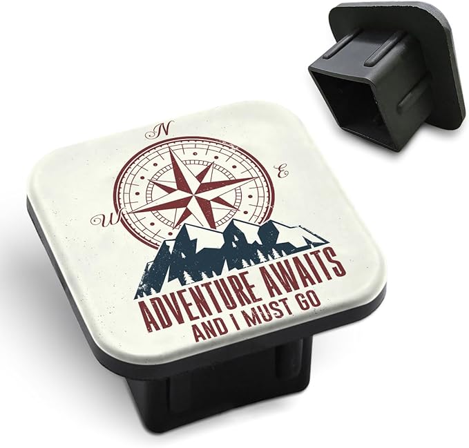 Compass Travel Towing Hitch Plug Covers Adventure Await and I Must Go Pine Tree Travel Mountain Hitch Tube Cover 2 Inch Square Hitch Box Cover Trailer Hitch Cap for Trucks SUV Cars