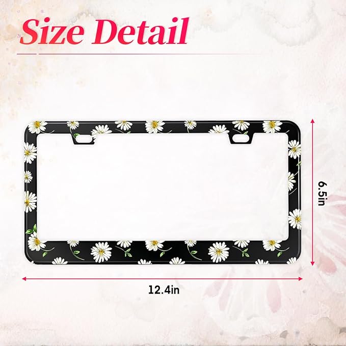 2PCS Daisy License Plate Holder with Leaf,Beautiful Chrysanthemum License Plate Frame, Personalized Floral Car Accessory Holder for Men and Women