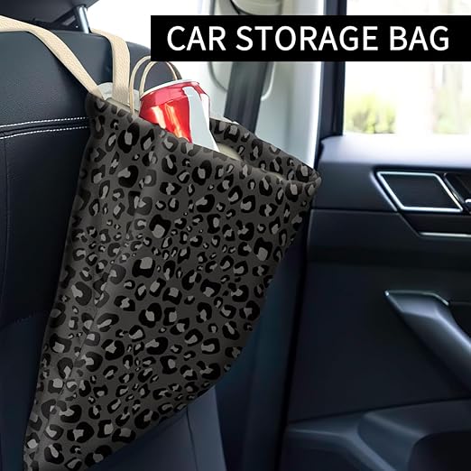 Car Trash Can, Cute Car Trash Bag, Hanging Car Organizer and Storage Bag, Trash Bin for Car Accessories, Vehicle, Travelling, Camping Black Leopard Skin