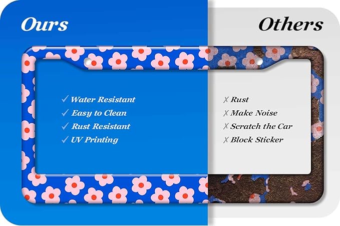 2PCS Pink & Blue Flowers Pattern License Plate Frames for Men Women - Universal Aluminum Stainless Steel Floral Car Tag Covers Holder with Screws, Caps, Rattle Proof Pads and Handlebar Stickers