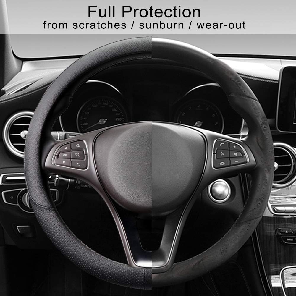 COFIT Breathable Car Steering Wheel Cover 15 inch Auto Universal Leather Wrap Non-Slip Steeringwheel Protector Automotive Interior Accessories, Black (Suit for 14.5-15 inch)
