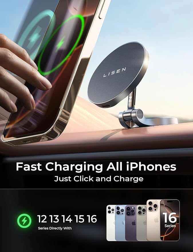 LISEN for Magsafe Car Mount Charger, 15W Fast Charging Ultra Magnetic Car Phone Holder [Mini & Metal], 2024 Wireless Magsafe Car Charger Dashboard Car Phone Mount for iPhone 16 Pro Max 15 14 13 12