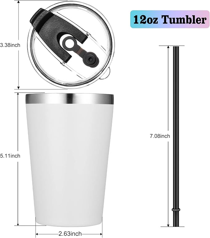 VEGOND 12oz Tumbler Stainless Steel Tumbler bulk Vacuum Insulated Double Wall Travel Tumbler with Lid and Straw Reusable Tumbler, White 12 Pack