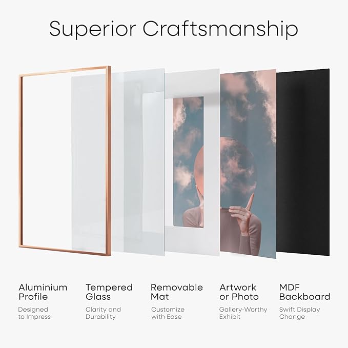 Homeforia 15x15 Picture Frame Rose Gold, High End Metal 15 x 15 Square Poster Frame with Mat 11 x 11 Photo, 15x15 Frame Matted to 11x11 Print, 15by15 Hanging Frames, Tempered Glass, Wall Kit, Set of 1