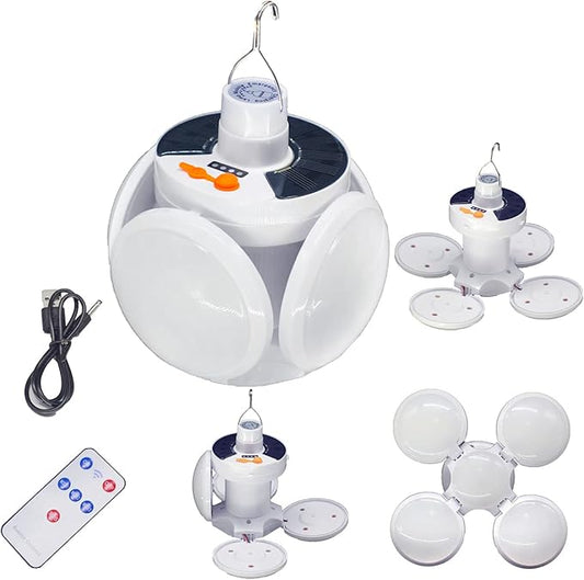 Folding Camping Solar Lamp Lights Waterproof Hanging Tent Collapsible Lantern 4000mah Remote Control Blub LED USB Rechargeable Foldable Portable for Home Indoor Outdoor Emergency Power Outage 1 Pack