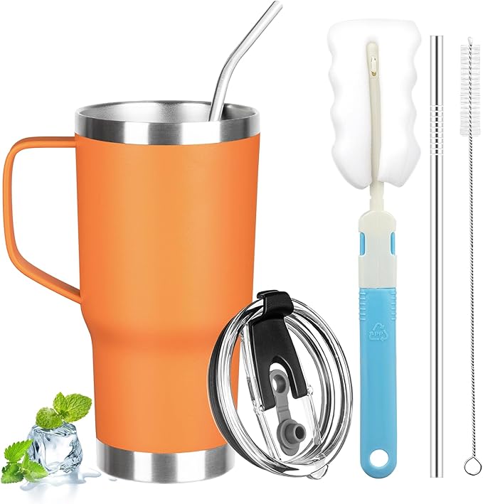 20 oz Tumbler with Handle, Stainless Steel Insulated Tumbler with Lid and Straw, Double Wall Vacuum Insulated Coffee Mug Tumbler, Insulated Coffee Thermal Cup for Cold and Hot（Orange）