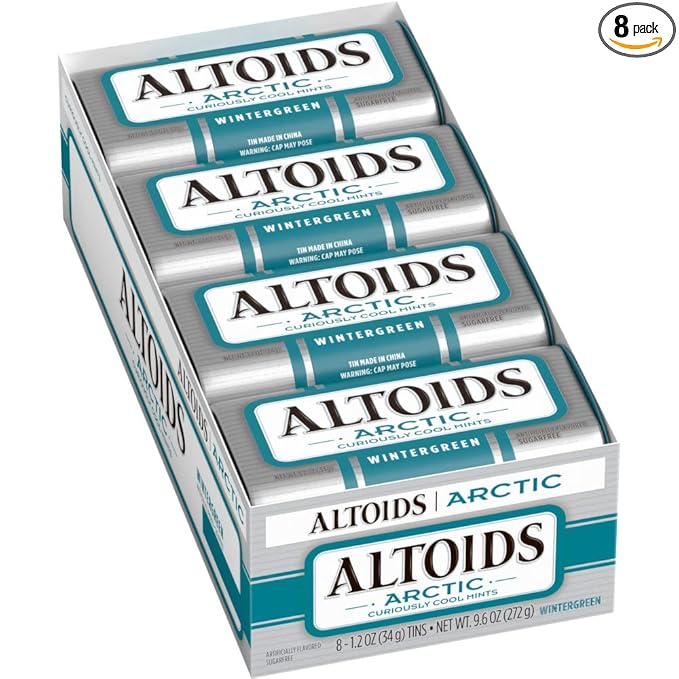 ALTOIDS Arctic Wintergreen Breath Mints Sugar Free Hard Candy Bulk, 1.2 oz Tin (8 Pack)