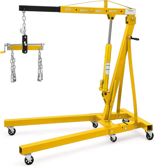 2 Ton Folding Engine Hoist with Lever, Cherry Picker Shop Crane Hoist Lift, 4400 Lbs Heavy Duty Steel Hydraulic Shop Engine Crane for Workshop and Garage, Yellow