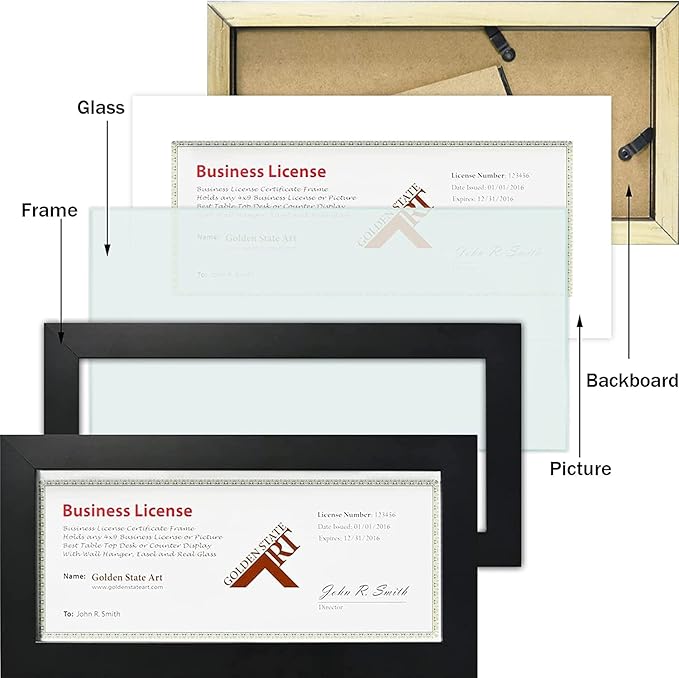 Golden State Art, Wood Frame for 4x9 Business License Certificate with Real Glass & Table-Top Display, Black, 10 Pack