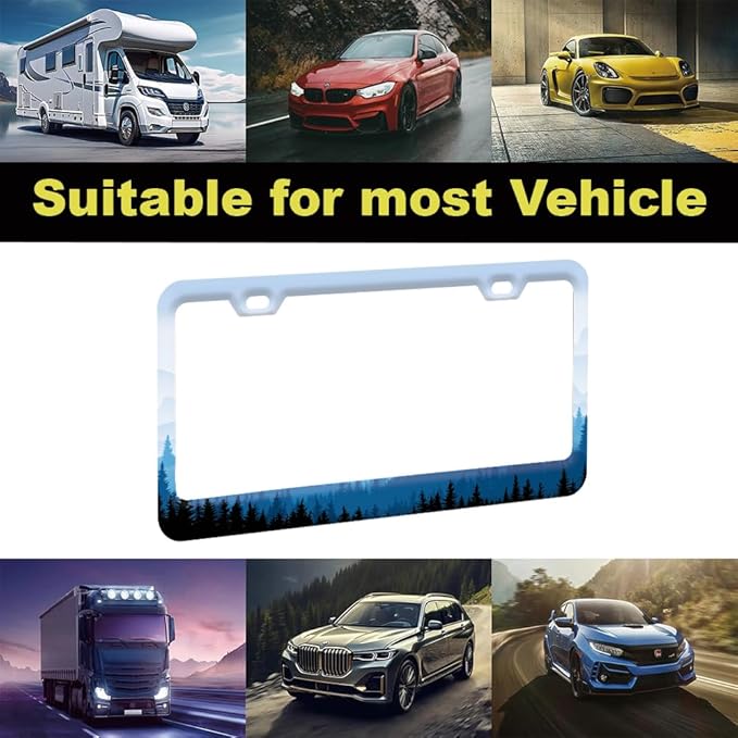 1pcs Mountain License Plate Frame for Women,Natural Pine Forest Mountain Horizon Landscape car Decorative tag Frames Girly,Blue Botanical License Plate Cover Holder for Vehicle with car Keychain tag