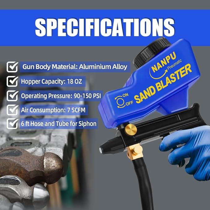 NANPU Light-Duty Air Sandblaster Gun Kit with Siphon & Gravity Feed, Ceramic Nozzle, Metal Body, for Small Project Surface Prep, Paint & Rust Removal, Metal/Wood/Glass Etching, Requires Air Compressor