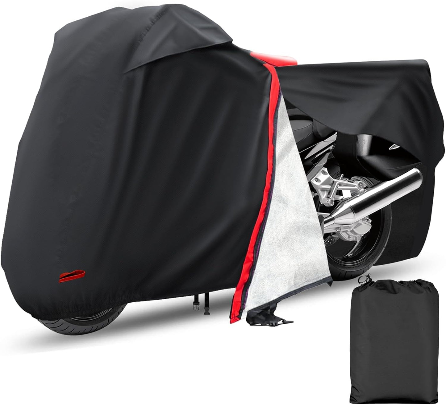 Motorcycle Cover,Waterproof Zipper Outdoor Cover for All Seasons Windproof, High Heat Resistance Dustproof and Rainproof Snowproof(Red Zipper XL Fits Up to 97 inch)