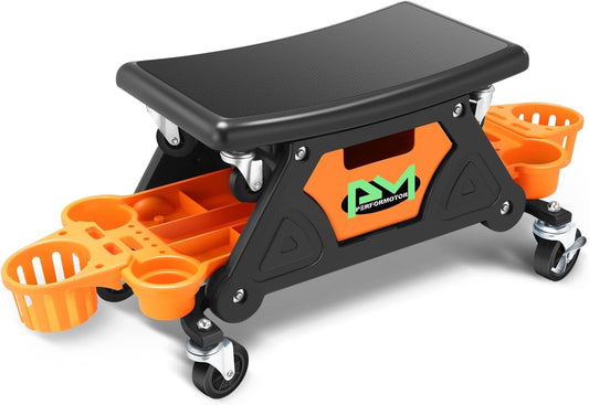 PM PERFORMOTOR Mechanic Stool - 25-1/2" x 13" x 12" (L x H x W), Rolling Work Seat w/Lockable Swivel Wheels and Storage Tool Tray, Orange,PM-TOL-CRS-OG