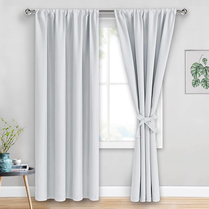 JIUZHEN Curtains for Bedroom - Thermal Insulated Window Treatment Drapes, Room Darkening Rod Pocket Curtains for Living Room, Set of 2 Panels with Tiebacks, 38 x 84 Inch Length, Greyish White
