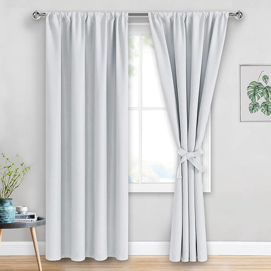 JIUZHEN Curtains for Bedroom - Thermal Insulated Window Treatment Drapes, Room Darkening Rod Pocket Curtains for Living Room, Set of 2 Panels with Tiebacks, 38 x 84 Inch Length, Greyish White