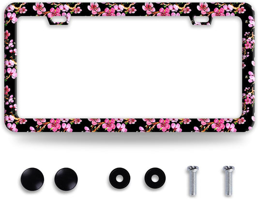 Cherry Blossom License Plate Frame Pink Flowers License Plate Frames Funny Stainless Steel Accessories Cars Decor with 2 Holes and Screws Fits Standard Us Ca Vehicles License Plate Holder 12.2 X 6 in