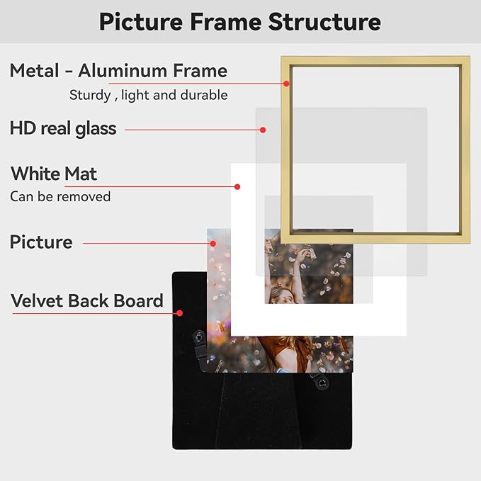 4x4 Picture Frame, Brass Metal Photo Frames with HD Glass, Fits 3x3 with Mat or 4 x 4 without Mat, Display for Wall and Table, 1 Pack