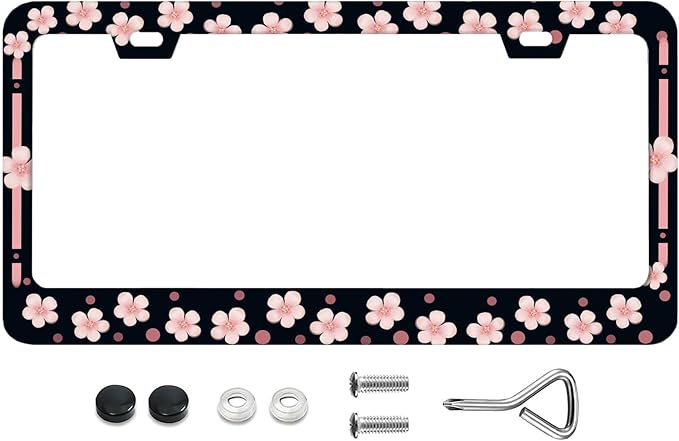 Personalise cherry blossom License Plate Frames, Rust-Proof Stainless Steel - Screws, Fasteners, and Caps Included - Personalized Cover for Women and Men - 12.3x6.3 Inch License Plate Holder -DATANSEN