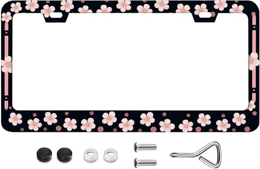Personalise cherry blossom License Plate Frames, Rust-Proof Stainless Steel - Screws, Fasteners, and Caps Included - Personalized Cover for Women and Men - 12.3x6.3 Inch License Plate Holder -DATANSEN
