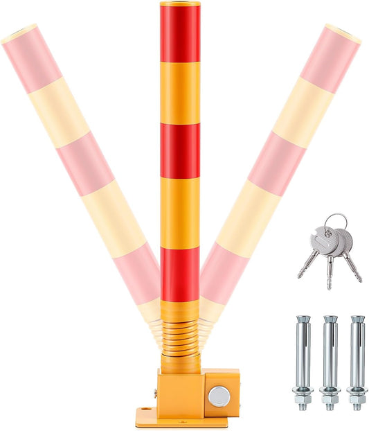 Zonon 1 Pcs Spring Parking Post Folding Heavy Metal Parking Barrier Lock Obstacle Pile with Warning Stripes Interceptor Bollard for Traffic-Sensitive Area Garage