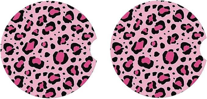 ABLESKY Car Coasters for Cup Holders, 2 Pack Absorbent Anti Slip Car Cup Holder Coasters, 2.56 Inch Ceramic Universal Size Auto Interior Accessories Women Men-Pink Leopard Spots