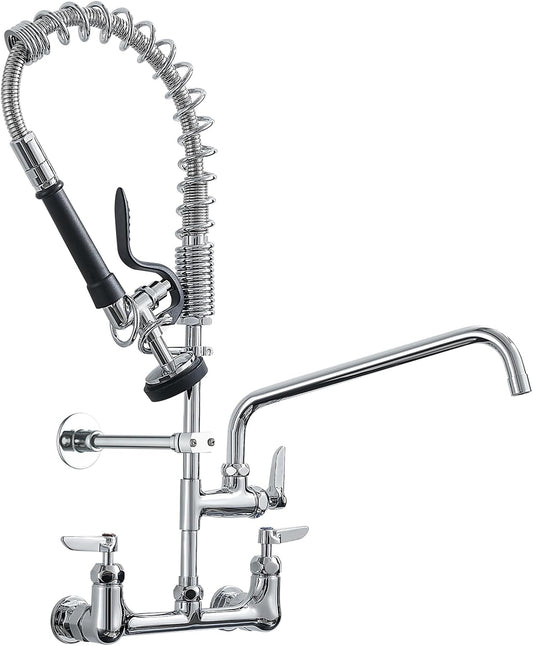 Fapully Commercial Kitchen Faucet,Wall Mount Kitchen Sink Faucet with Pre-Rinse Pull Down Sprayer,25‘’ Height 8'' Center 3 Compartment Sink Faucets with 12.2'' Swing Spout Chrome