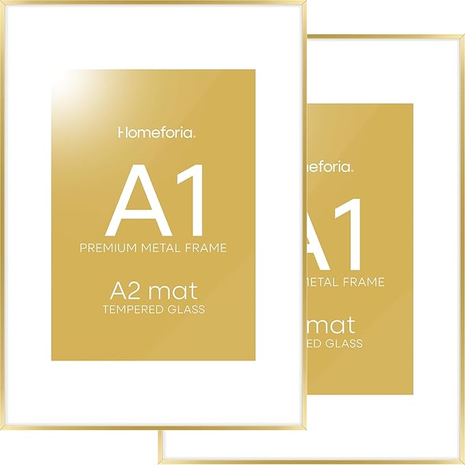 Homeforia A1 Poster Frame Gold, High End Metal 23.4 x 33.1 inches Large Picture Frames with Mat 16.5 x 23.4 for Photo, A1 Size Frames Matted to A2 Print, 23.4x33.1 Thin Frame, Tempered Glass, Set of 2