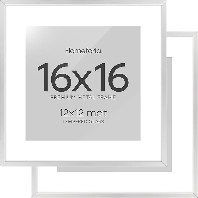 Homeforia 16x16 Silver Picture Frame, High End Metal 16 x 16 Square Frame with Mat 12 x 12 Photo, 16x16 Poster Frames Matted to 12x12 Print, 16 by 16 Hanging Frames, Tempered Glass, Wall Kit, Set of 2