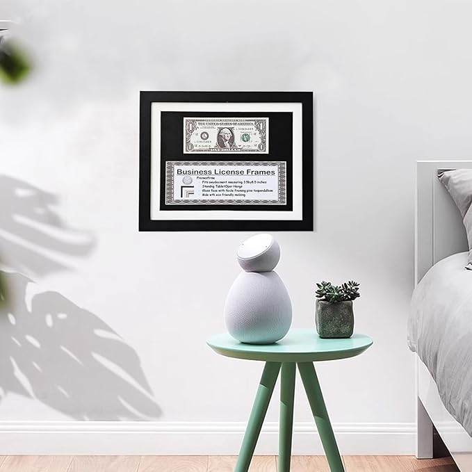 8.5x11 Business License Frame, Black Wood Grain Finish, UV Resistant, Holds 1st Dollar & 3x8.5 License, Includes Easel & Wall Hanger