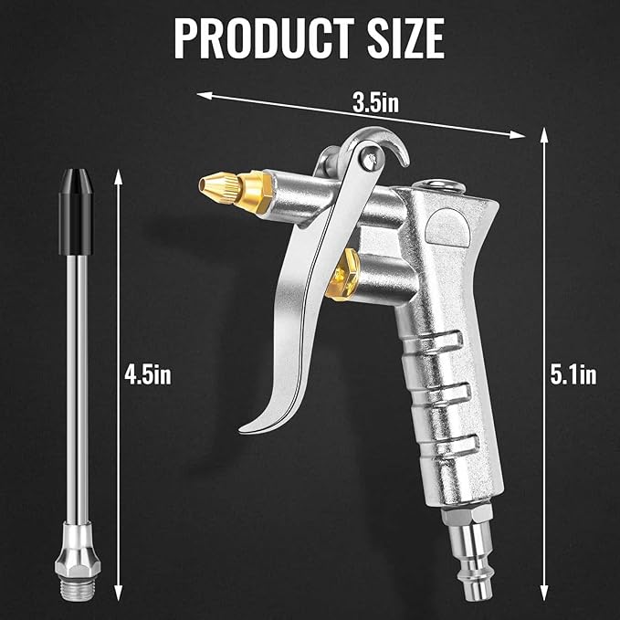 Adjustable Brass Air Nozzle Blow Gun, Heavy-Duty Industrial Air Gun Blower with Steel Extension, Professional Dust Cleaning Tool for Air Compressor Attachments