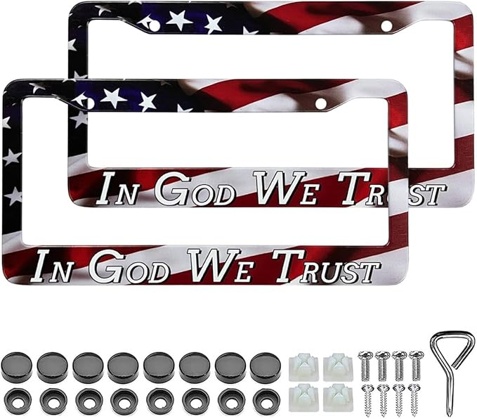 in God We Trust Christian American Flag License Plate Frames - 2 Pack Front Rear Patriotic US Flag Stainless Steel Metal Rust-Proof Waterproof Car Tag Frame Holder Covers with Screws Fasteners Caps