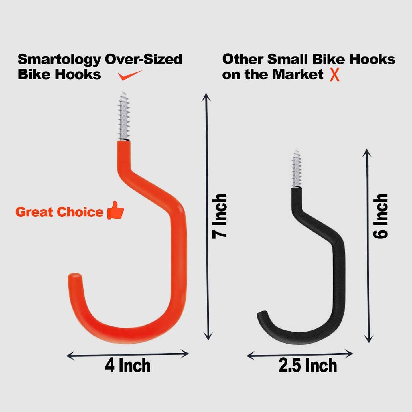 SMARTOLOGY Bike Storage Hook, Bike Hanger, Rubber Coated Heavy Duty Large Screw in Ceiling Hooks for Garage Wall, 4 Pack, Fits All Bike Types, Bike Racks & Stands