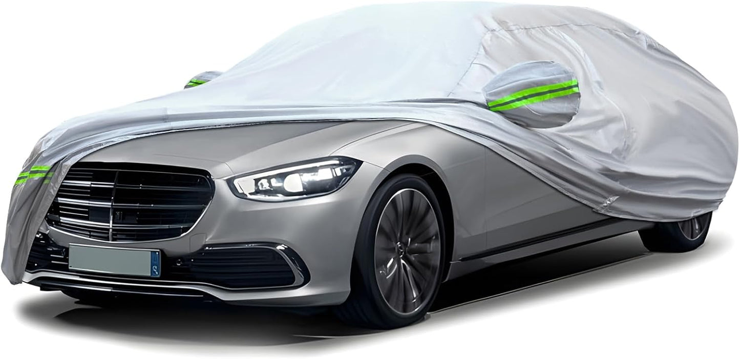 KEYOOG Sedan Car Cover, 6-Layer All-Weather Waterproof, Heavy Outdoor Car Cover, Universal in All Seasons, Snow Protection, Acid Rainproof, Sunscreen, Universally Fit to Sedan (206"-216")- Silvery
