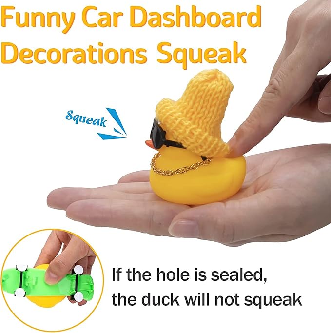 wonuu Car Duck Ornament Rubber Duck Car Dashboard Decoration for Car Dashboard Decoration Accessories with Mini Hat, Necklace, Sunglasses, Chair or Skateboard