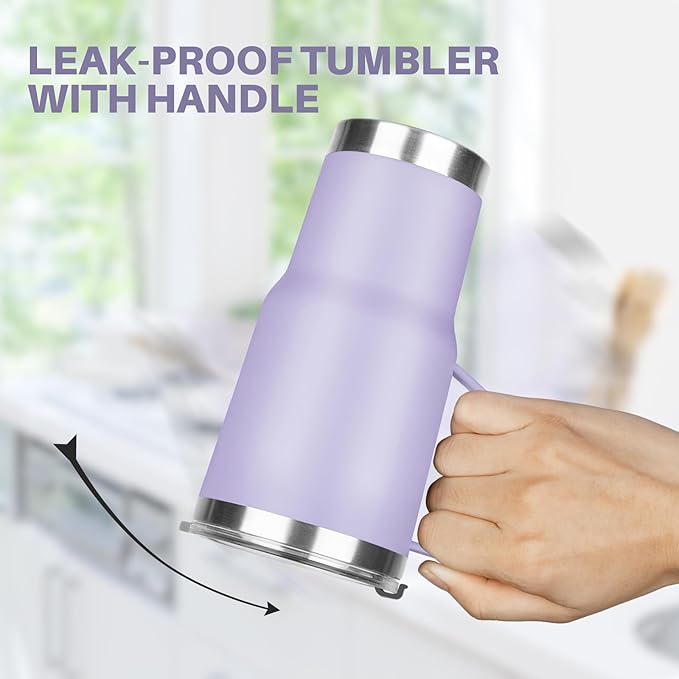 20 oz Tumbler with Handle, Stainless Steel Insulated Tumbler with Lid and Straw, Double Wall Vacuum Insulated Coffee Mug Tumbler, Insulated Coffee Thermal Cup for Cold and Hot (Light Purple)