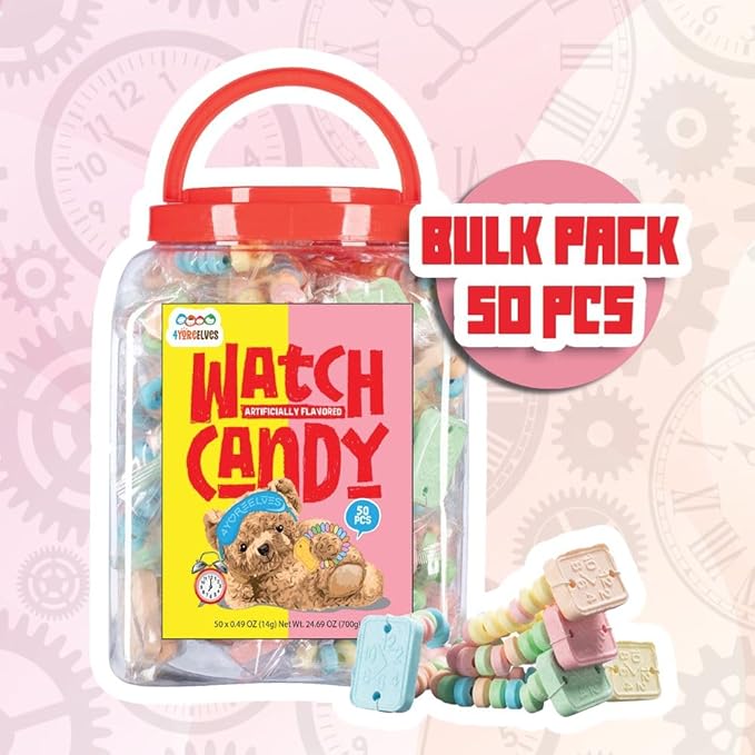 50 Candy Bracelet Watches Individually Wrapped, Taste Nostalgia with our Playful and Delicious Candy Jewelry, Perfect for Party Favors, Goody Bags and Birthdays, by 4YoreElves, Pack of 50 x 0.42oz