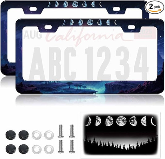 2pcs Moon Phase License Plate Frame for Women, Mysterious Planet car tag Frames Girly for Vehicle with Non Adhesive Electrostatic Sticker