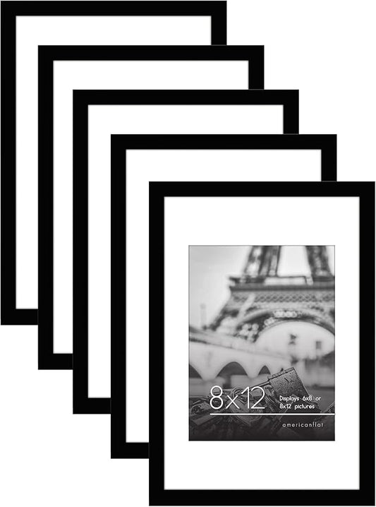 Americanflat 8x12 Picture Frame with Polished Plexiglass - Set of 5 - Use as 6x8 Frame with Mat or Display 8x12 Photo Without Mat - Galleria Collection - Picture Frames for Wall Display - Black