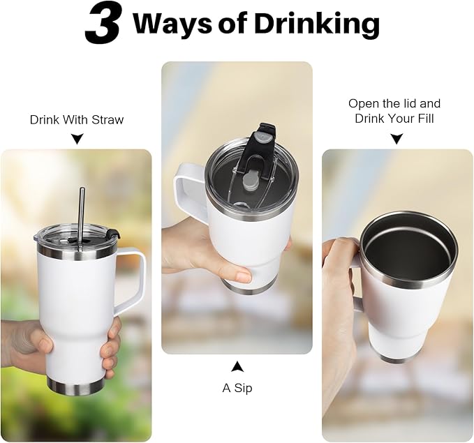 20 oz Tumbler with Handle, Stainless Steel Insulated Tumbler with Lid and Straw, Double Wall Vacuum Insulated Coffee Mug Tumbler, Insulated Coffee Thermal Cup for Cold and Hot (White)