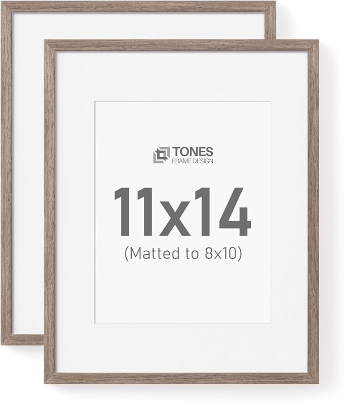 11x14 Picture Frame Matted to 8x10 Solid Wood Veneer 11 x 14 frame Set of 2 with Shatterproof Plexiglass, Wall Hanging Modern Brown Poster Frame for Home Office Decor