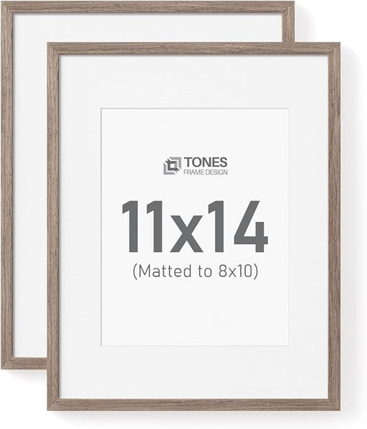 11x14 Picture Frame Matted to 8x10 Solid Wood Veneer 11 x 14 frame Set of 2 with Shatterproof Plexiglass, Wall Hanging Modern Brown Poster Frame for Home Office Decor