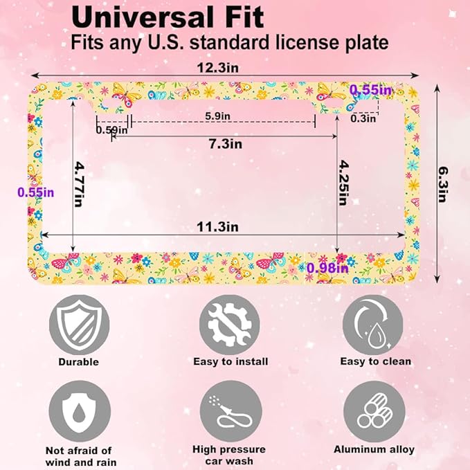 2pcs floral Colorful Butterfly License Plate Frame for Women,Inspirational Butterfly flower car Decorative tag Frames Girly,Colorful Butterflies floral License Plate Cover Holder with car Keychain tag