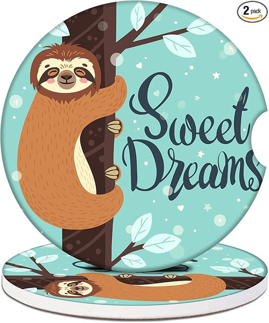 Car Cup Holder Coaster - Cute Baby Sloth Absorbent Ceramic Coaster 2 Pack, Car Coasters for Cup Holders, Fashion Car Interior Accessories Drink Coaster for Women & Men