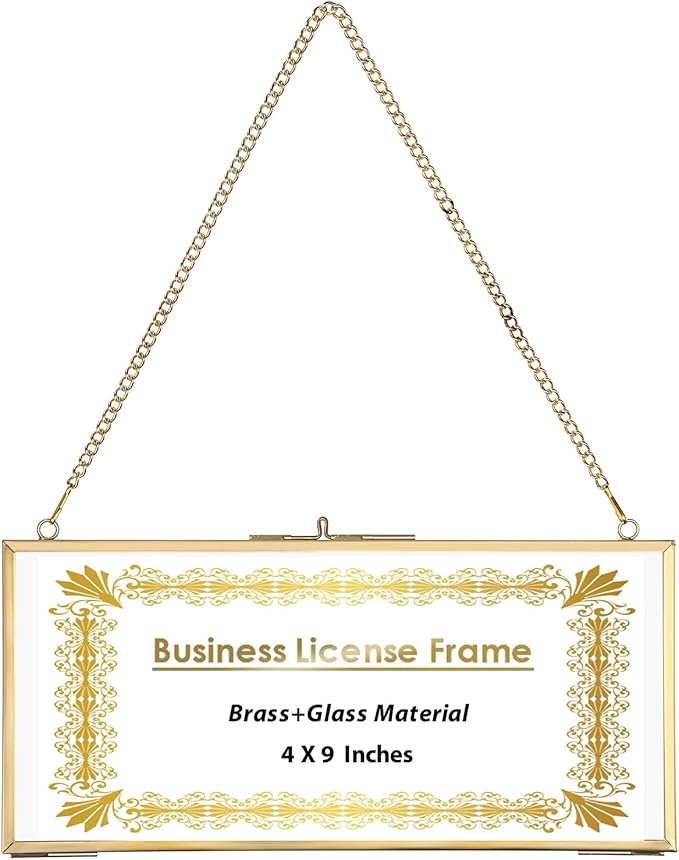 JUXYES Wall Hanging Business License Frame Brass License Certificate Display Frame, Double Glass Floating Diploma Frames, Wall Mount Golden Graduation Frames for 4x9 and 3.5x8.5 Certificate Business Licenses