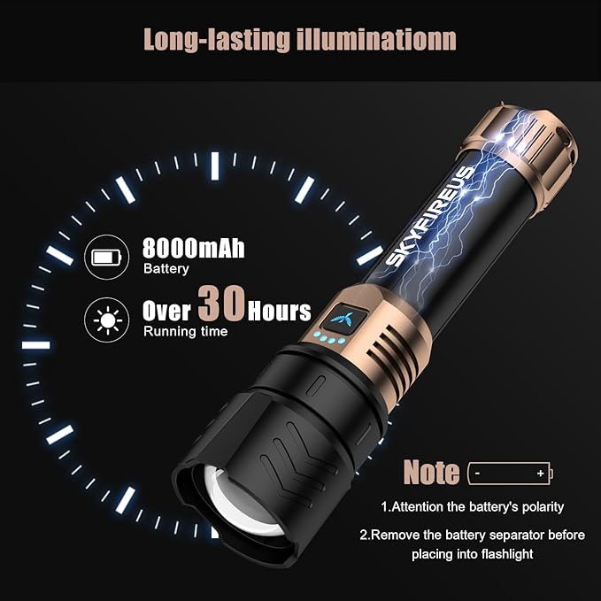 SKYFIRE Rechargeable Flashlight High Lumens,Super Bright Flashlight,Zoomable,Four Modes,Waterproof LED Flash Light for Camping Essentials,Outdoor and Home Emergencies-8000mAh