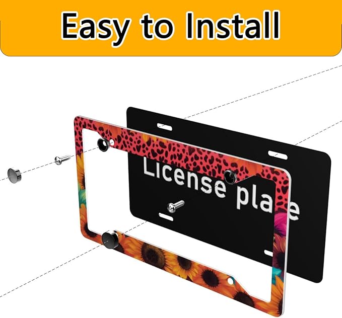 License Plate Frame 2 Pack Front Rear Aluminum Metal Rust-Proof Universal Car Tag Frames Holder with 4 Holes Car Decor Accessory with Screws for Men Women - Leopard Sunflower