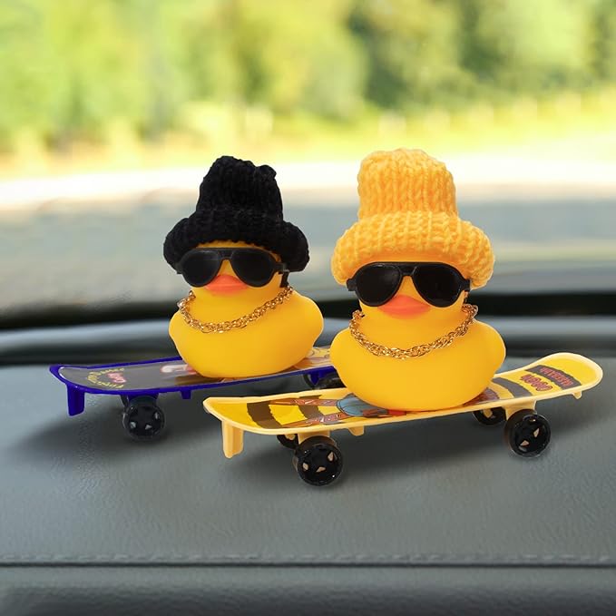 wonuu Car Duck Ornament Rubber Duck Car Dashboard Decoration for Car Dashboard Decoration Accessories with Mini Hat, Necklace, Sunglasses, Chair or Skateboard